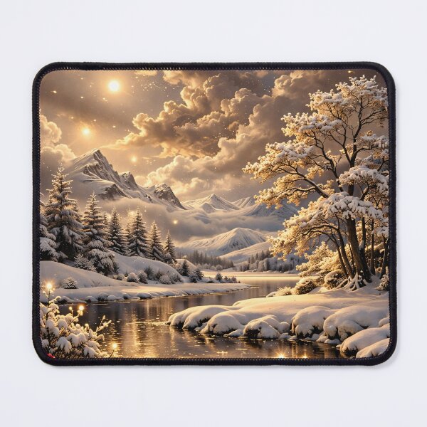 Item preview, Golden Winter River and Snowy Mountains – Magical Snow Landscape Art Print designed and sold by Kaleidoscope Print.