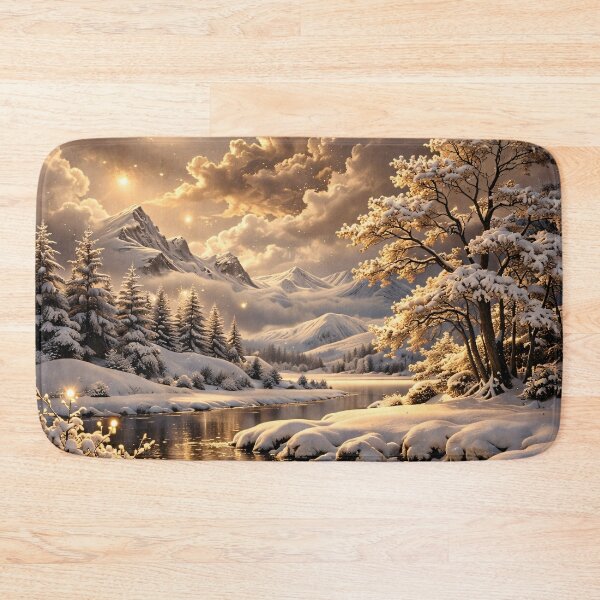 Item preview, Golden Winter River and Snowy Mountains – Magical Snow Landscape Art Print designed and sold by Kaleidoscope Print.