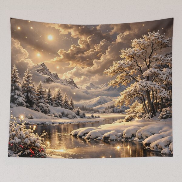 Item preview, Golden Winter River and Snowy Mountains – Magical Snow Landscape Art Print designed and sold by Kaleidoscope Print.