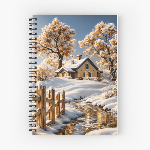 Item preview, Cozy Snowy Cottage by Winter Stream – Golden Morning Forest Landscape Art Print designed and sold by Kaleidoscope Print.