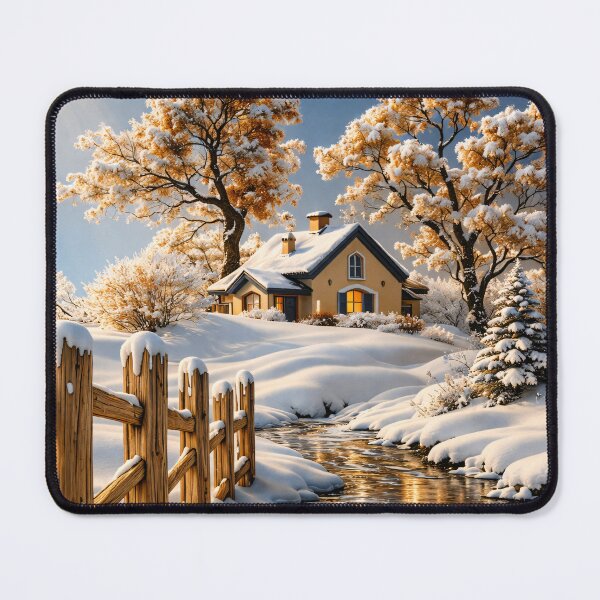 Item preview, Cozy Snowy Cottage by Winter Stream – Golden Morning Forest Landscape Art Print designed and sold by Kaleidoscope Print.