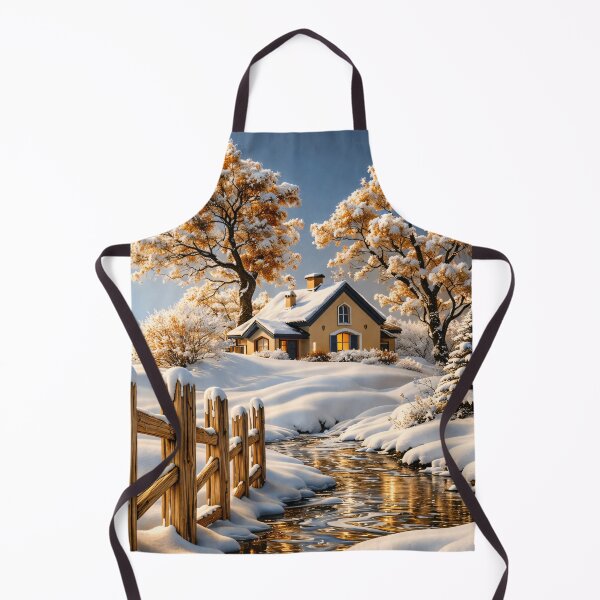 Item preview, Cozy Snowy Cottage by Winter Stream – Golden Morning Forest Landscape Art Print designed and sold by Kaleidoscope Print.