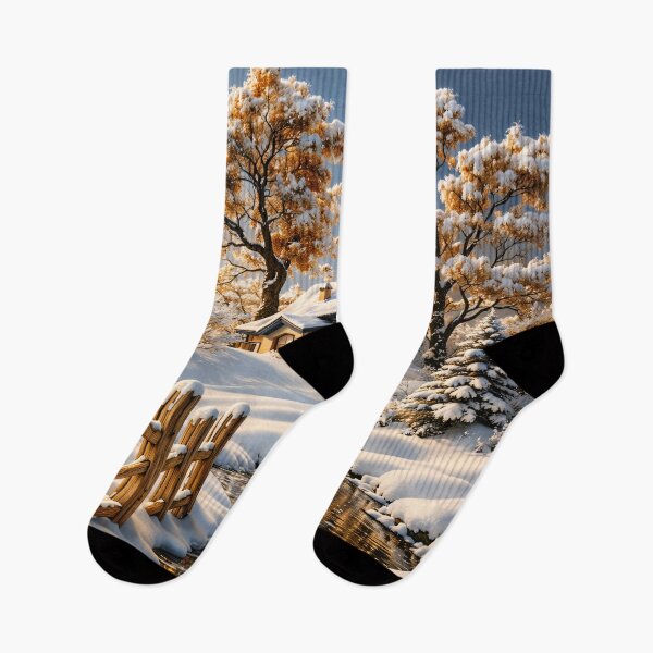 Item preview, Cozy Snowy Cottage by Winter Stream – Golden Morning Forest Landscape Art Print designed and sold by Kaleidoscope Print.