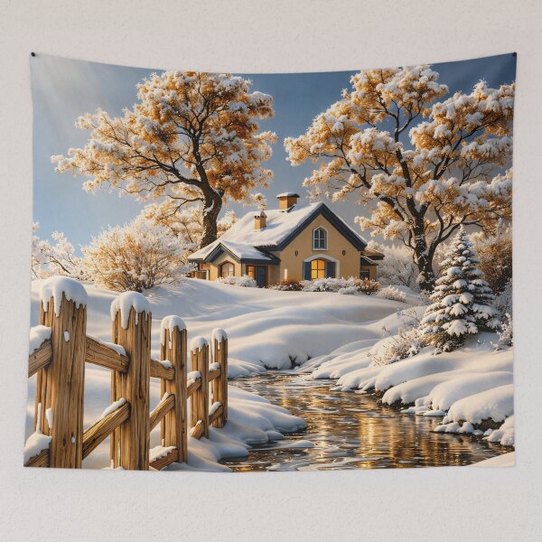 Item preview, Cozy Snowy Cottage by Winter Stream – Golden Morning Forest Landscape Art Print designed and sold by Kaleidoscope Print.