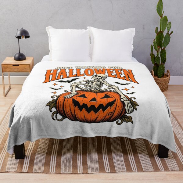 Item preview, Just Waiting For Halloween Sitting Skeleton Pumpkin Art designed and sold by DesignArtist.ia.