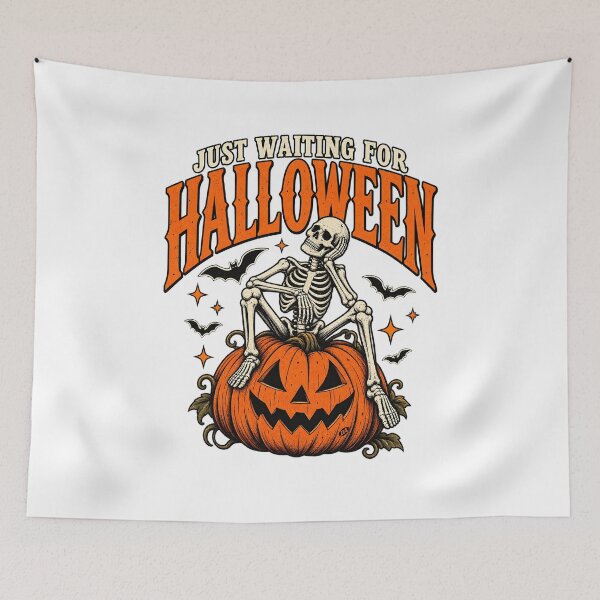 Item preview, Just Waiting For Halloween Sitting Skeleton Pumpkin Art designed and sold by DesignArtist.ia.