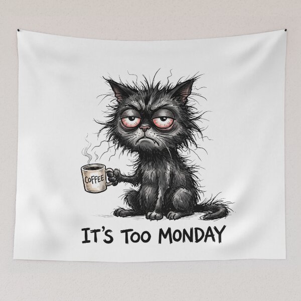 Item preview, It's Too Monday – Tired Cat Drinking Coffee designed and sold by Sekla-Studio.