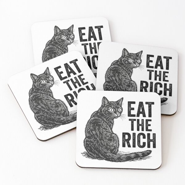 Item preview, Eat The Rich Black Cat Vintage Woodcut Anti Capitalist Leftist Cat Lover Quote designed and sold by raedattia.