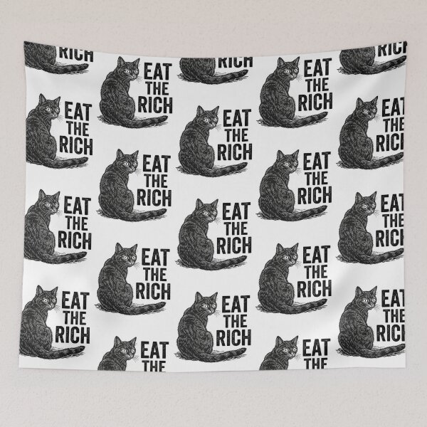 Item preview, Eat The Rich Black Cat Vintage Woodcut Anti Capitalist Leftist Cat Lover Quote designed and sold by raedattia.