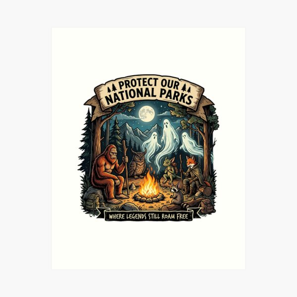 Item preview, Protect Our National Parks Where Legends Roam Free Bigfoot Ghosts Campfire Spooky Wilderness designed and sold by Rtcraftani.