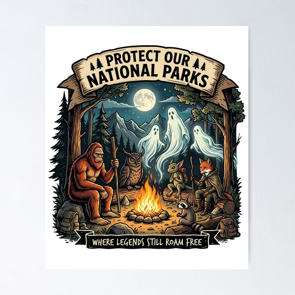 Item preview, Protect Our National Parks Where Legends Roam Free Bigfoot Ghosts Campfire Spooky Wilderness designed and sold by Rtcraftani.
