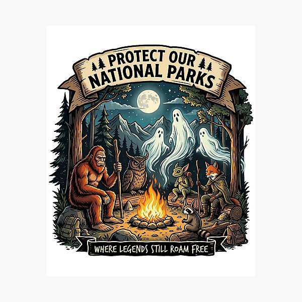 Item preview, Protect Our National Parks Where Legends Roam Free Bigfoot Ghosts Campfire Spooky Wilderness designed and sold by Rtcraftani.
