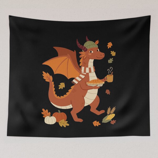 Item preview, Cozy Thanksgiving Dragon Bringing Pie and Autumn Cheer designed and sold by FreshVibe Prints.