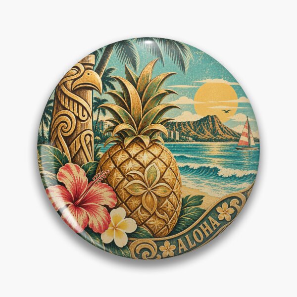 Item preview, Vintage Hawaii Aloha Medallion – Golden Pineapple & Diamond Head designed and sold by Plus91BIRD.