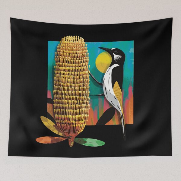 Item preview, White Cheeked Honeyeater and Yellow Banksia Flower designed and sold by Karin Taylor.