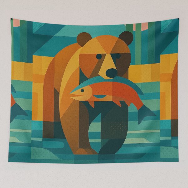 Item preview, Bear with salmon in mouth - a Geometric illustration. designed and sold by GalleryKauffeld.