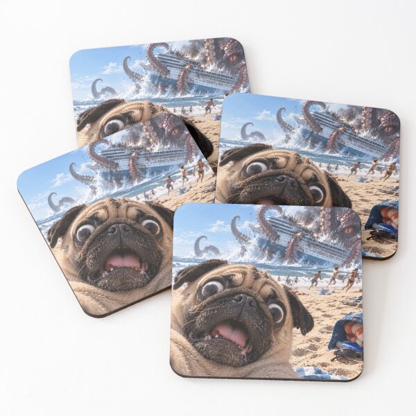 Item preview, Pug Selfie Kraken Attack – Shocked Dog at the Beach designed and sold by ManxCatAndy.