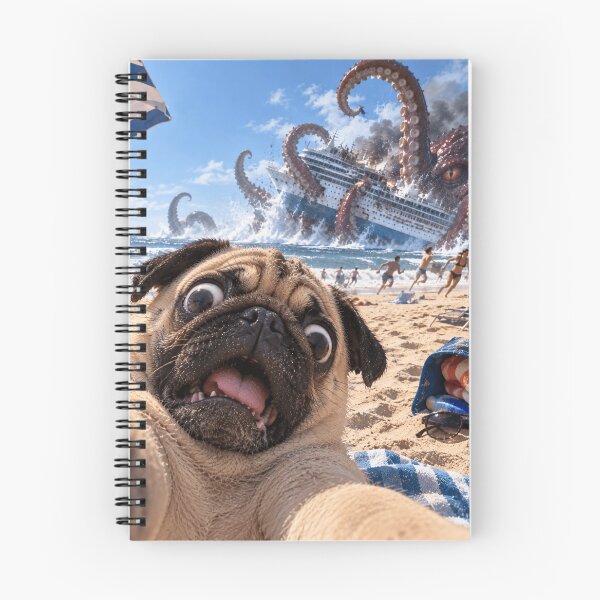 Item preview, Pug Selfie Kraken Attack – Shocked Dog at the Beach designed and sold by ManxCatAndy.