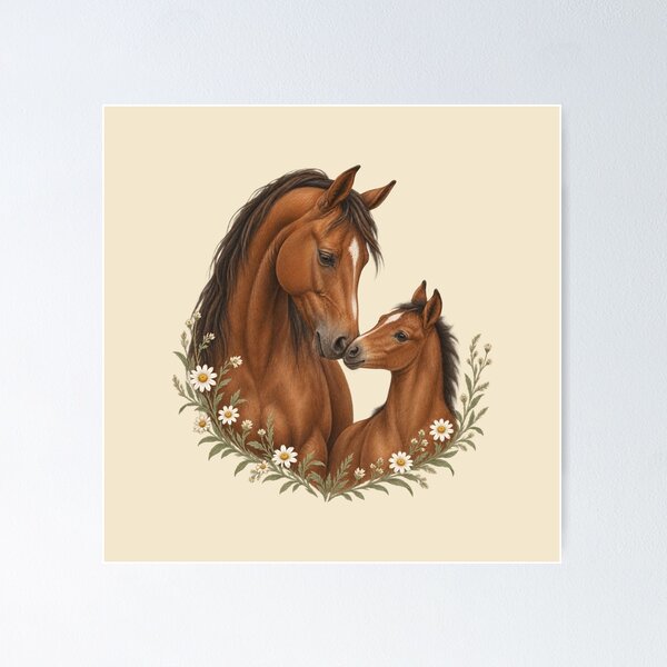 Item preview, Mare and Foal with Wild Daisies - Tender Horse Portrait designed and sold by Glottopia.