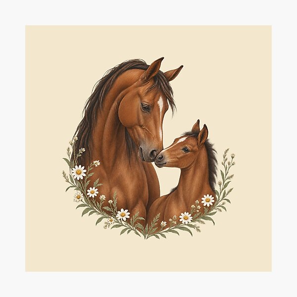 Item preview, Mare and Foal with Wild Daisies - Tender Horse Portrait designed and sold by Glottopia.