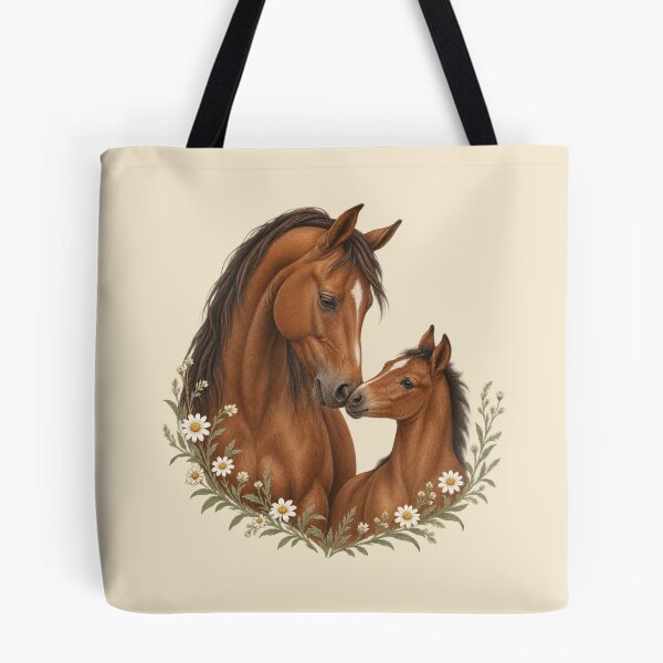 Item preview, Mare and Foal with Wild Daisies - Tender Horse Portrait designed and sold by Glottopia.