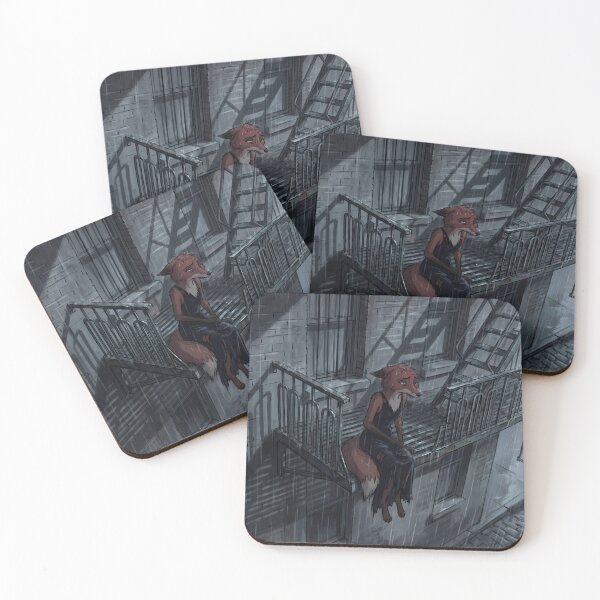 Item preview, Rainy Fire Escape Solitude | Melancholic Noir Fox Art designed and sold by ThegrayInterval.