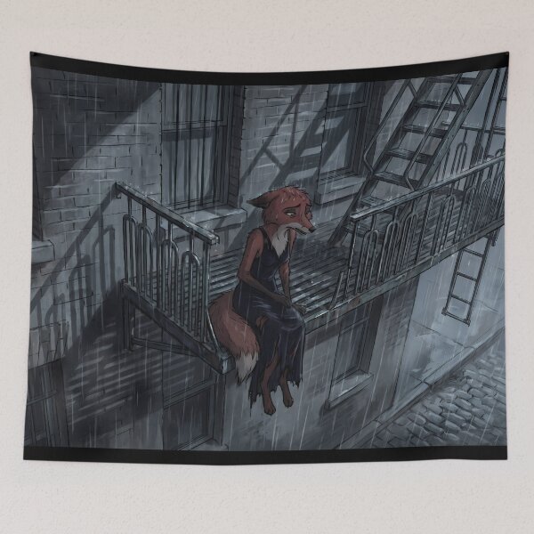 Item preview, Rainy Fire Escape Solitude | Melancholic Noir Fox Art designed and sold by ThegrayInterval.