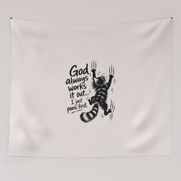 Item preview, God Always Works It Out I Just Panic First Christian Cat designed and sold by ChuyenSuperx.