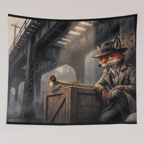 Item preview, Midnight Jazz Street | Noir Detective Fox & Golden Trumpet designed and sold by ThegrayInterval.