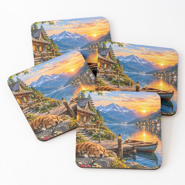 Item preview, Lakeside Cabin Golden Retriever Sunset Landscape designed and sold by Pyt27.