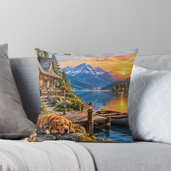 Item preview, Lakeside Cabin Golden Retriever Sunset Landscape designed and sold by Pyt27.