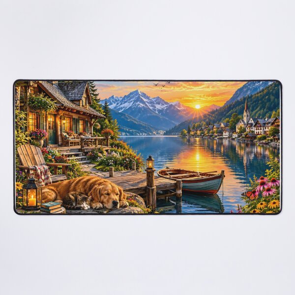 Item preview, Lakeside Cabin Golden Retriever Sunset Landscape designed and sold by Pyt27.