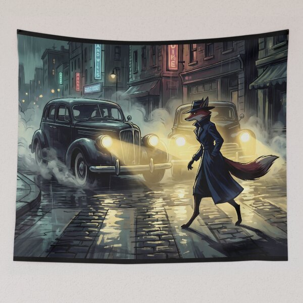 Item preview, Crossing in the Fog | Vintage Noir Cars & Fox Detective designed and sold by ThegrayInterval.