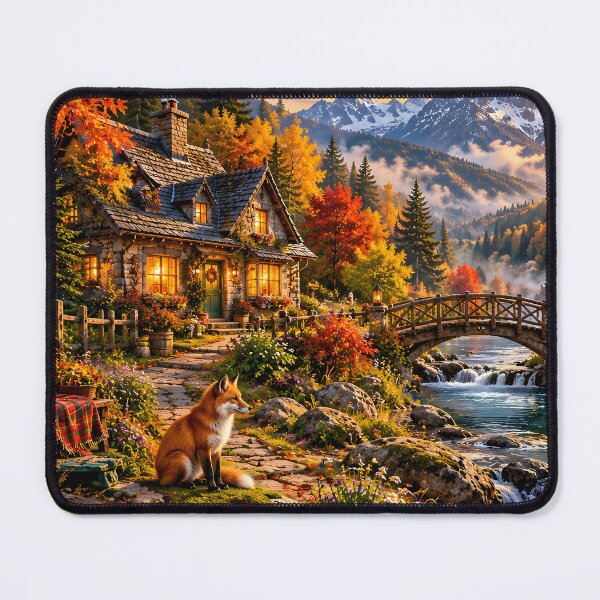 Item preview, Autumn Cottage Forest Waterfall Bridge Fox designed and sold by Pyt27.