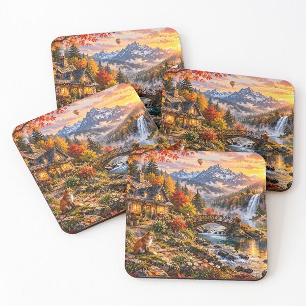 Item preview, Autumn Cottage Forest Waterfall Bridge Fox designed and sold by Pyt27.