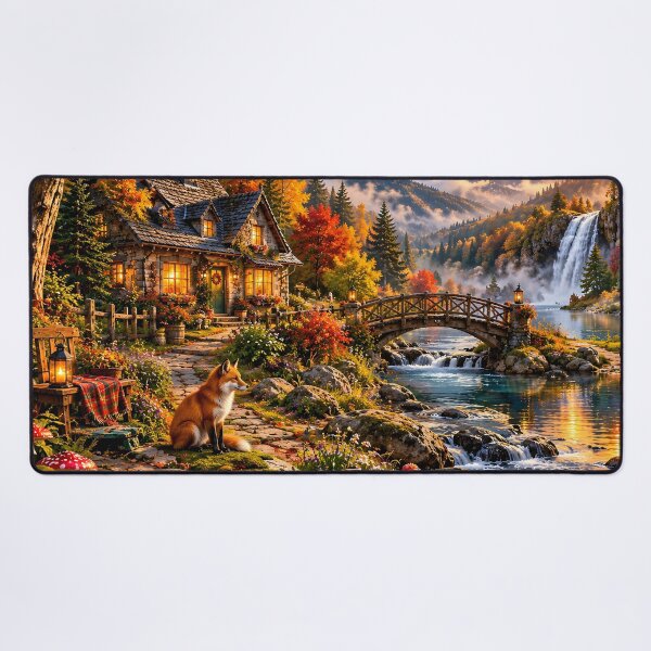 Item preview, Autumn Cottage Forest Waterfall Bridge Fox designed and sold by Pyt27.