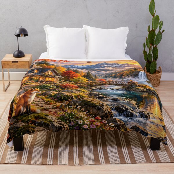 Item preview, Autumn Cottage Forest Waterfall Bridge Fox designed and sold by Pyt27.
