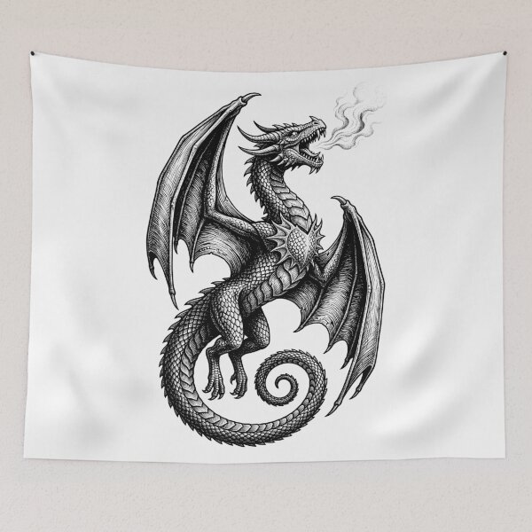 Item preview, Spiked Shoulder Dragon - Mirrored Fire Breath Ink Illustration designed and sold by DragonSerpent Ink.