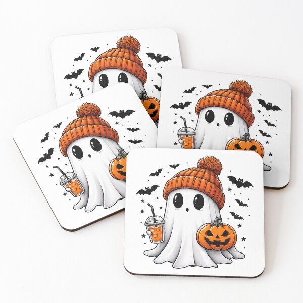 Artikelvorschau, Niedliches Halloween-Shirt mit Geist und Eiskaffee, gemütliches Herbst-Mütze-Shirt mit Geist und Kürbis, Retro-Design für die gruselige Herbstzeit entworfen und verkauft von MAXIZPRINT.