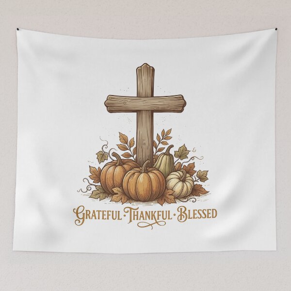 Item preview, Grateful Thankful Blessed Fall Wooden Cross Pumpkin Harvest Thanksgiving T-shirt and Sticker Design designed and sold by Billium Halder.