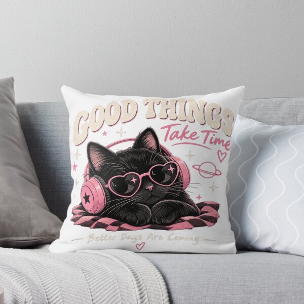 Item preview, Good Things Take Time – Cute Black Cat Y2K Retro designed and sold by DMQ-Designs.