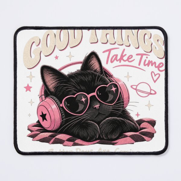 Item preview, Good Things Take Time – Cute Black Cat Y2K Retro designed and sold by DMQ-Designs.