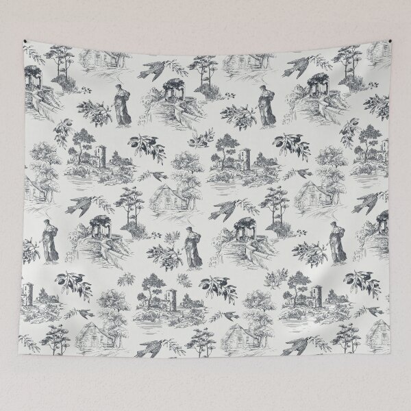 Item preview, Vintage Blue French Toile de Jouy Seamless Pattern B&W designed and sold by Qualali Studio.