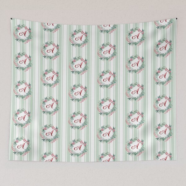 Item preview, A Initial Christmas Wreath with Green Striped Background designed and sold by Feeling Artsy.