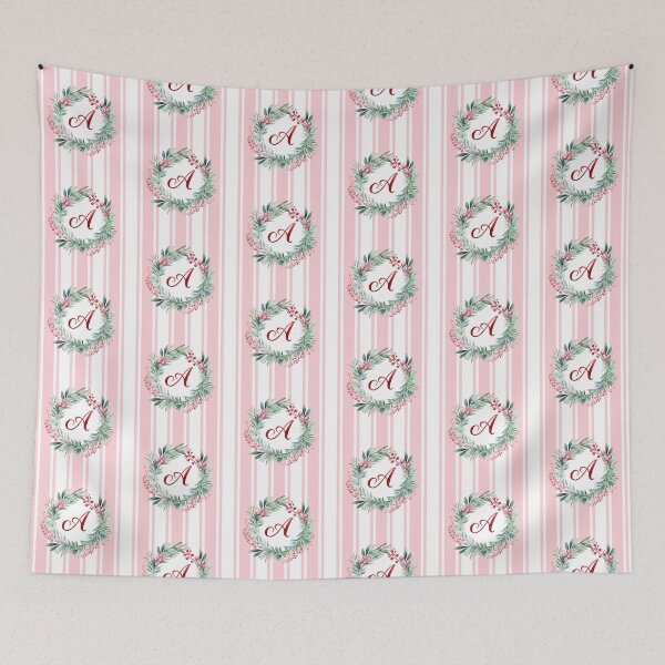 Item preview, A Initial Christmas Wreath with Pink Striped Background designed and sold by Feeling Artsy.