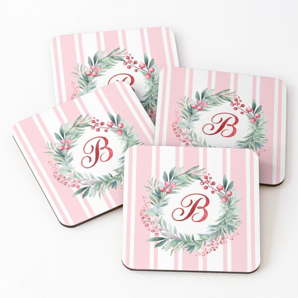 Item preview, B Initial Christmas Wreath with Pink Striped Background designed and sold by Feeling Artsy.