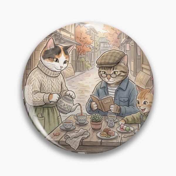 Item preview, Family of cats having tea in cozy watercolor autumn Japanese alley designed and sold by TheCoolCatsMx.