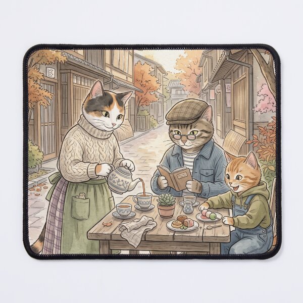 Item preview, Family of cats having tea in cozy watercolor autumn Japanese alley designed and sold by TheCoolCatsMx.