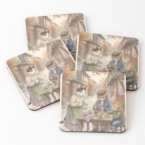 Item preview, Family of cats having tea in cozy watercolor autumn Japanese alley designed and sold by TheCoolCatsMx.
