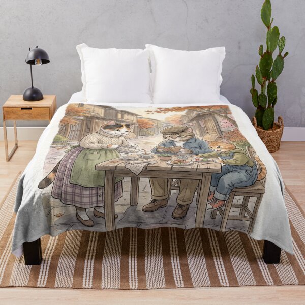 Item preview, Family of cats having tea in cozy watercolor autumn Japanese alley designed and sold by TheCoolCatsMx.